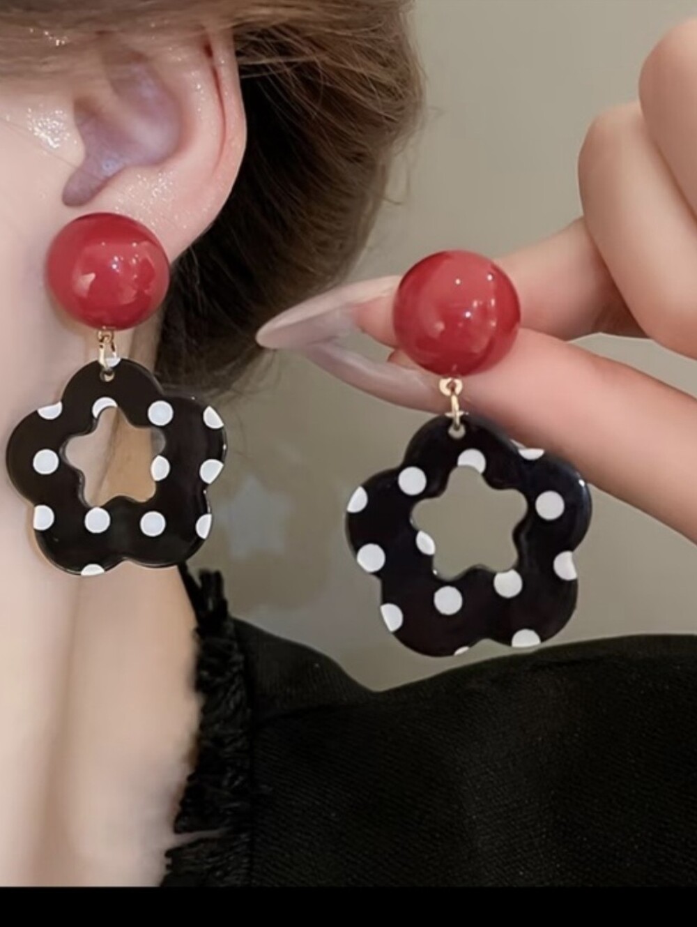 Polka Dot Black Flower Earrings